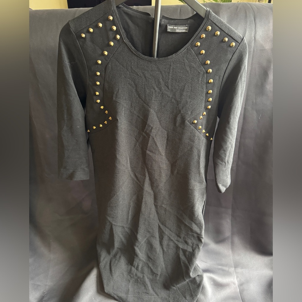 Zara W&B Collections Black Mid-Sleeve Shift Dress with Gold Studs